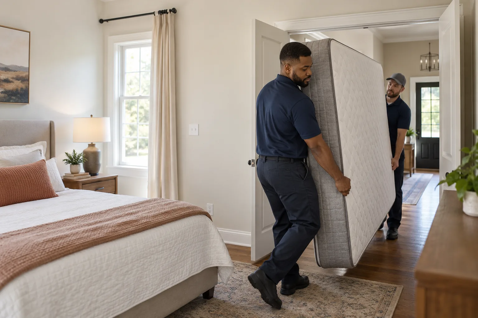 Two workers carrying a mattress through a clear bedroom doorway