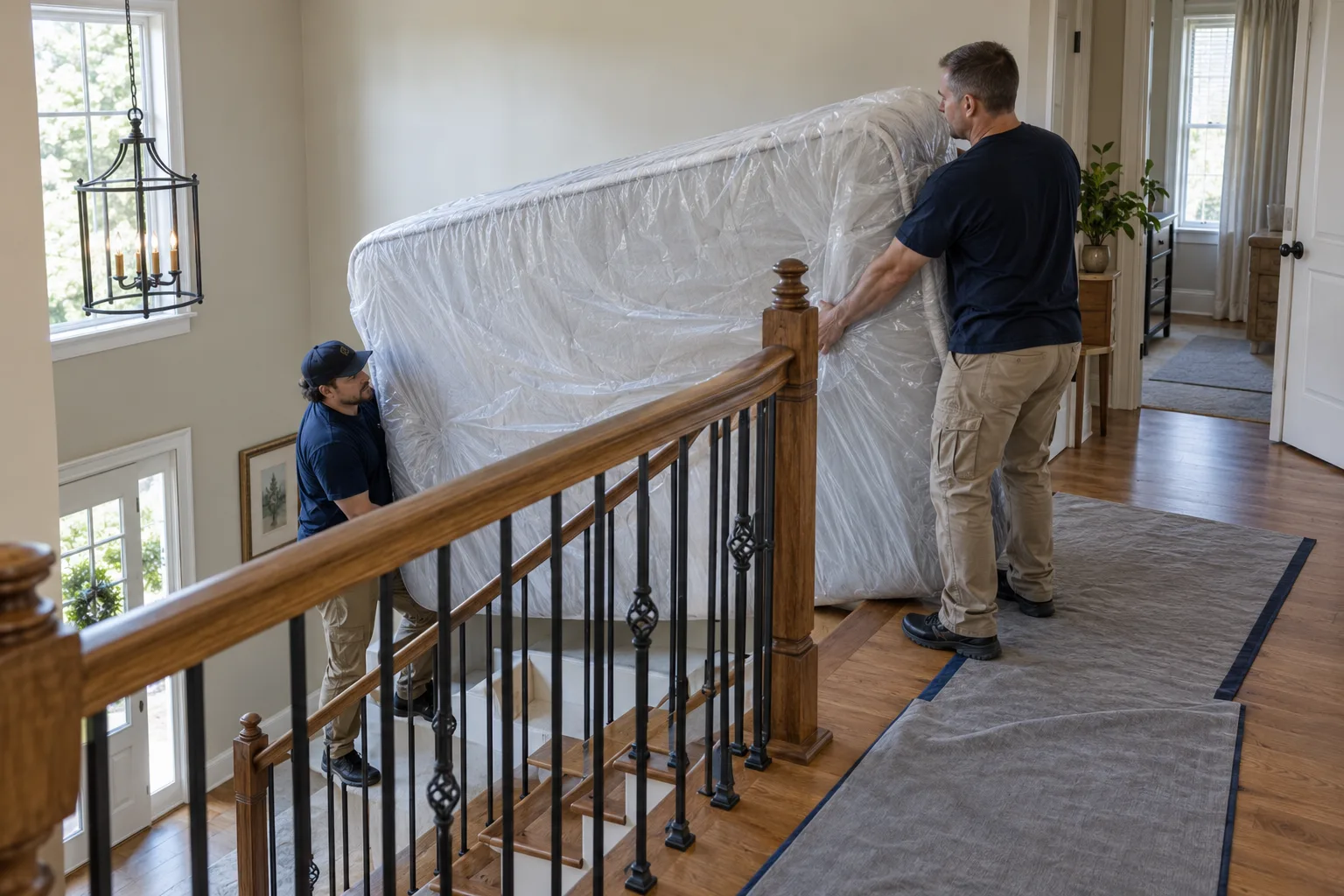 Two workers guiding a wrapped mattress around a stair landing